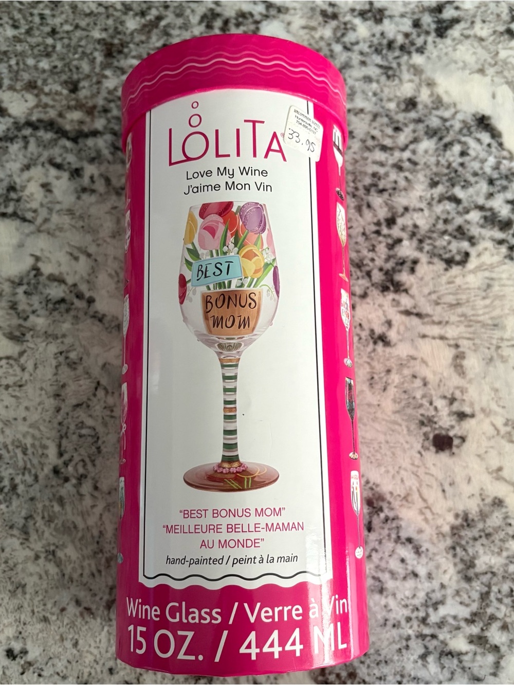 Lolita BEST BONUS MOM, WINE GLASS, HAND-PAINTED STEP MOM GIFT NEW IN BOX